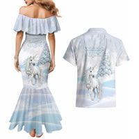 Magical Christmas Couples Matching Mermaid Dress and Hawaiian Shirt Unicorn With Cotton Candy Xmas Tree - Wonder Print Shop