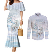 Magical Christmas Couples Matching Mermaid Dress and Long Sleeve Button Shirt Unicorn With Cotton Candy Xmas Tree - Wonder Print Shop