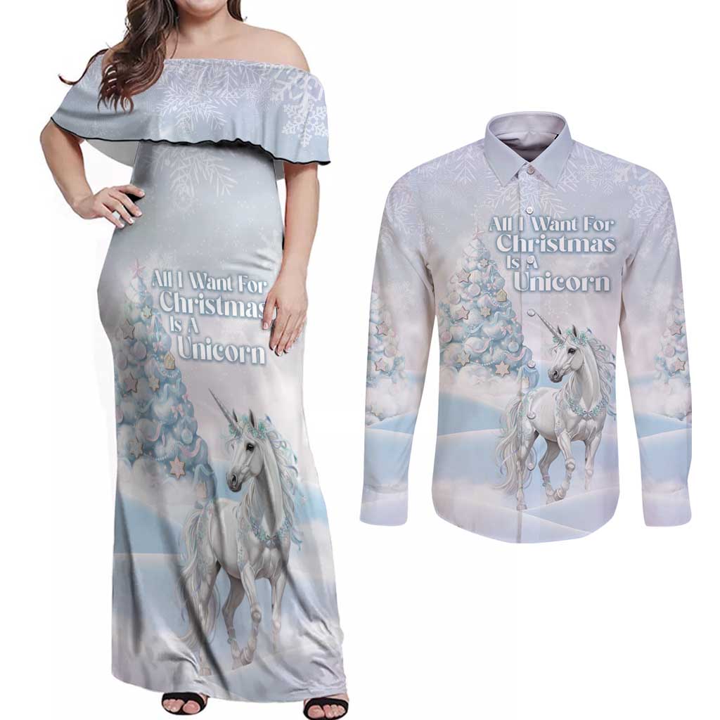 Magical Christmas Couples Matching Off Shoulder Maxi Dress and Long Sleeve Button Shirt Unicorn With Cotton Candy Xmas Tree - Wonder Print Shop