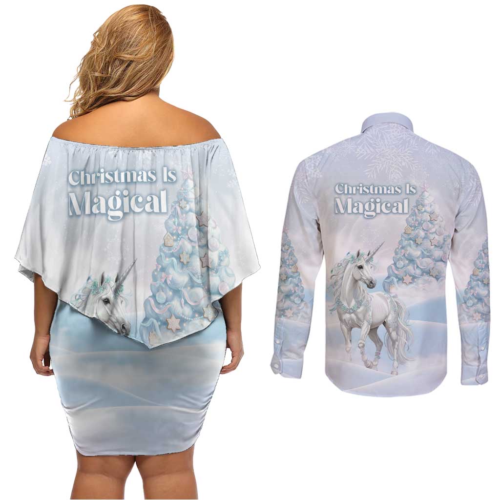 Magical Christmas Couples Matching Off Shoulder Short Dress and Long Sleeve Button Shirt Unicorn With Cotton Candy Xmas Tree - Wonder Print Shop