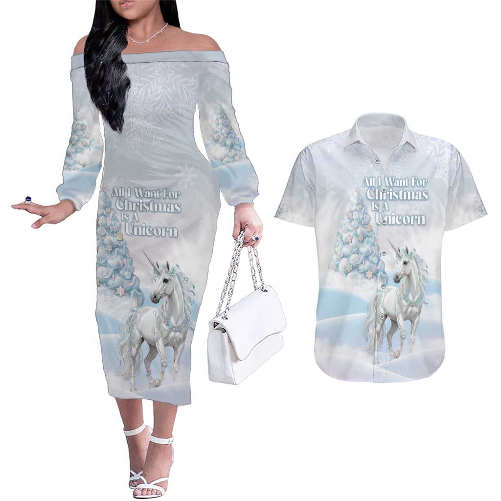 Magical Christmas Couples Matching Off The Shoulder Long Sleeve Dress and Hawaiian Shirt Unicorn With Cotton Candy Xmas Tree - Wonder Print Shop