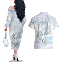 Magical Christmas Couples Matching Off The Shoulder Long Sleeve Dress and Hawaiian Shirt Unicorn With Cotton Candy Xmas Tree - Wonder Print Shop