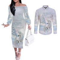 Magical Christmas Couples Matching Off The Shoulder Long Sleeve Dress and Long Sleeve Button Shirt Unicorn With Cotton Candy Xmas Tree - Wonder Print Shop