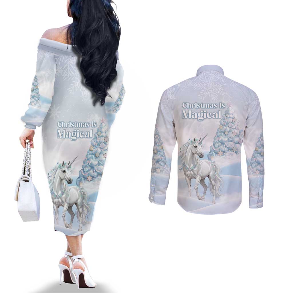 Magical Christmas Couples Matching Off The Shoulder Long Sleeve Dress and Long Sleeve Button Shirt Unicorn With Cotton Candy Xmas Tree - Wonder Print Shop