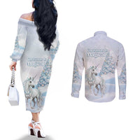 Magical Christmas Couples Matching Off The Shoulder Long Sleeve Dress and Long Sleeve Button Shirt Unicorn With Cotton Candy Xmas Tree - Wonder Print Shop