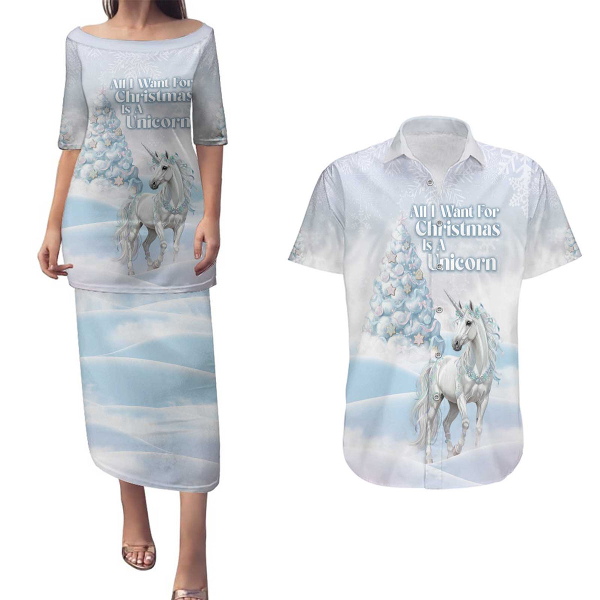 Magical Christmas Couples Matching Puletasi and Hawaiian Shirt Unicorn With Cotton Candy Xmas Tree - Wonder Print Shop