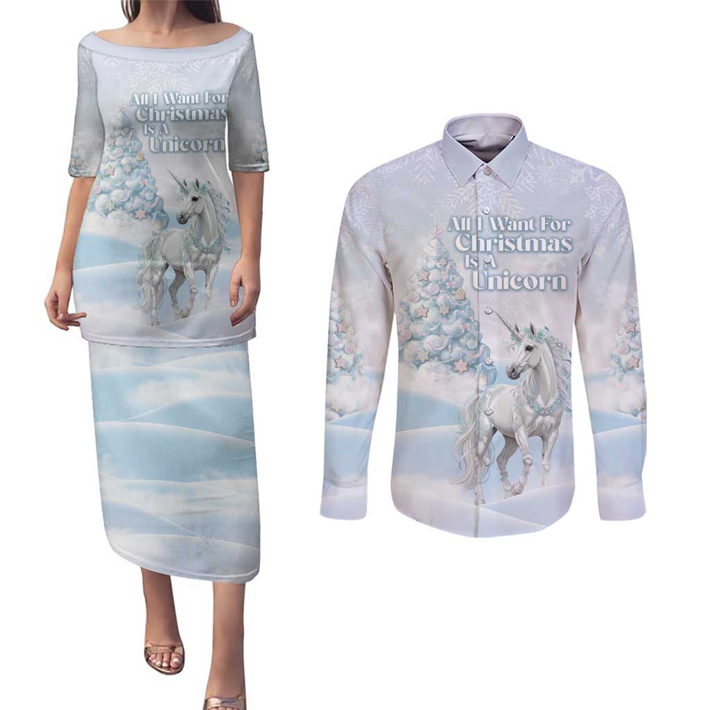 Magical Christmas Couples Matching Puletasi and Long Sleeve Button Shirt Unicorn With Cotton Candy Xmas Tree - Wonder Print Shop