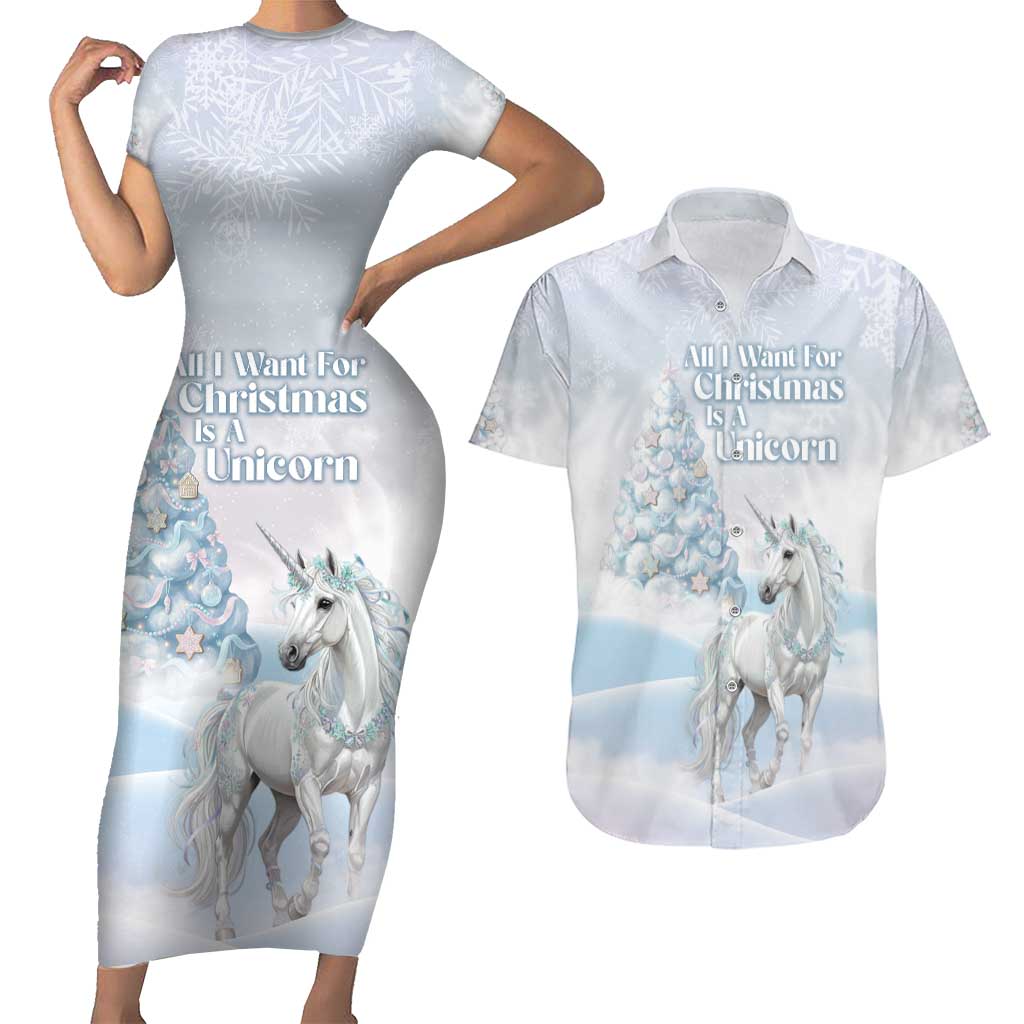 Magical Christmas Couples Matching Short Sleeve Bodycon Dress and Hawaiian Shirt Unicorn With Cotton Candy Xmas Tree - Wonder Print Shop