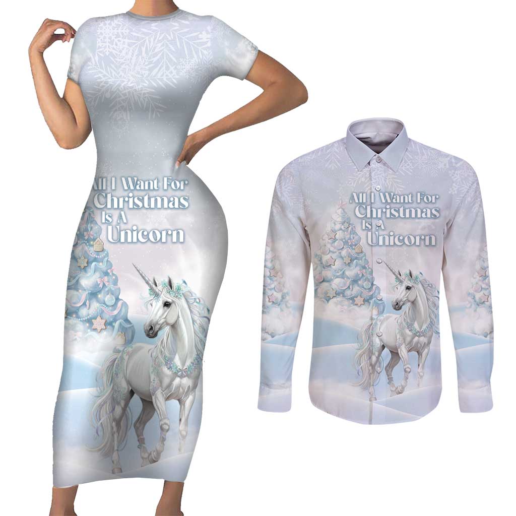 Magical Christmas Couples Matching Short Sleeve Bodycon Dress and Long Sleeve Button Shirt Unicorn With Cotton Candy Xmas Tree - Wonder Print Shop