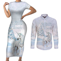 Magical Christmas Couples Matching Short Sleeve Bodycon Dress and Long Sleeve Button Shirt Unicorn With Cotton Candy Xmas Tree - Wonder Print Shop