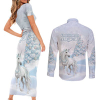Magical Christmas Couples Matching Short Sleeve Bodycon Dress and Long Sleeve Button Shirt Unicorn With Cotton Candy Xmas Tree - Wonder Print Shop