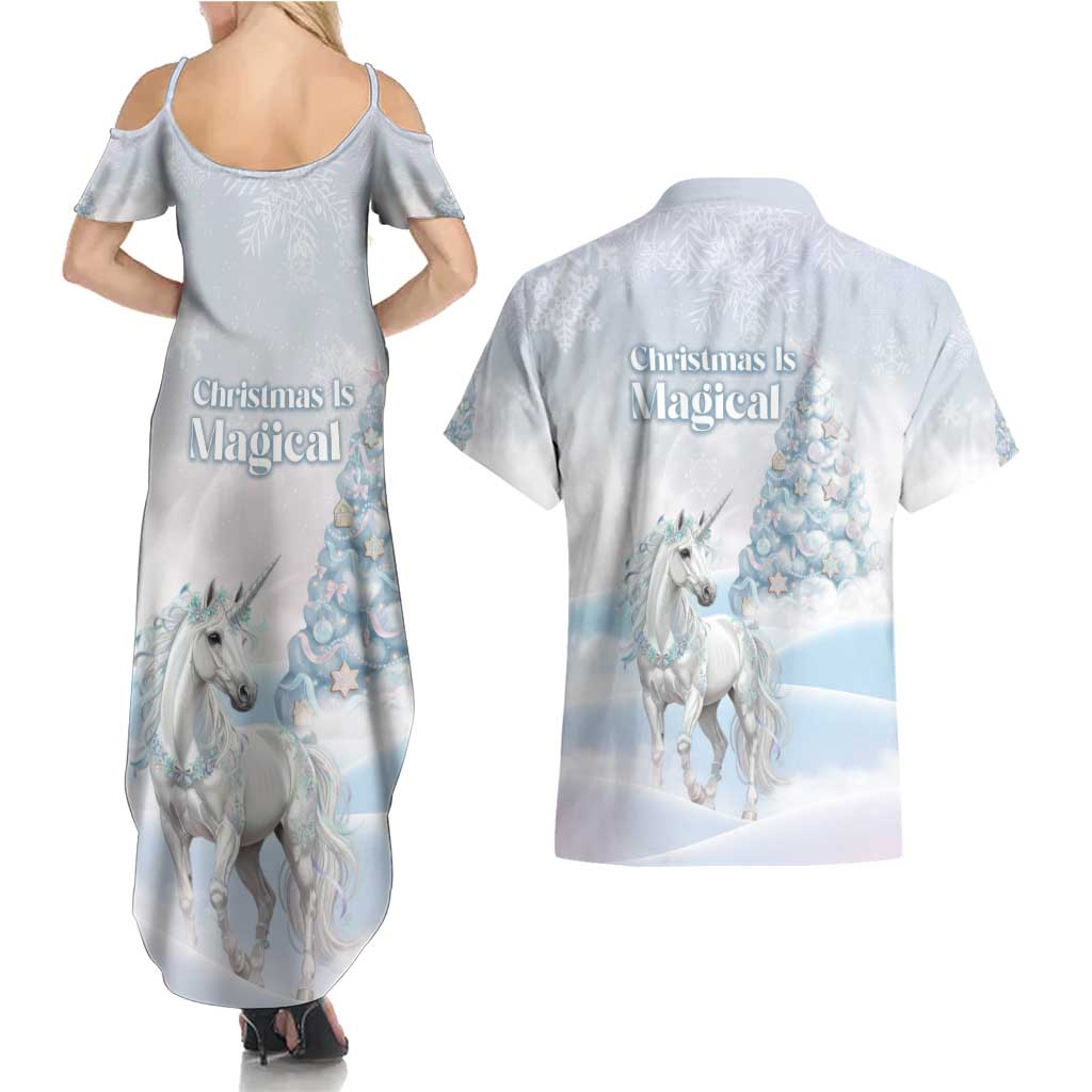 Magical Christmas Couples Matching Summer Maxi Dress and Hawaiian Shirt Unicorn With Cotton Candy Xmas Tree - Wonder Print Shop