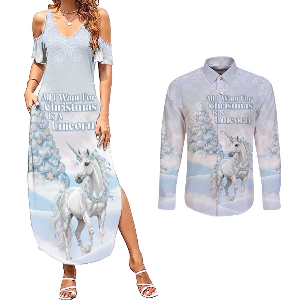 Magical Christmas Couples Matching Summer Maxi Dress and Long Sleeve Button Shirt Unicorn With Cotton Candy Xmas Tree - Wonder Print Shop