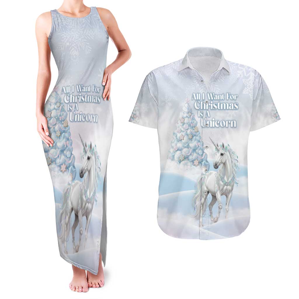 Magical Christmas Couples Matching Tank Maxi Dress and Hawaiian Shirt Unicorn With Cotton Candy Xmas Tree - Wonder Print Shop