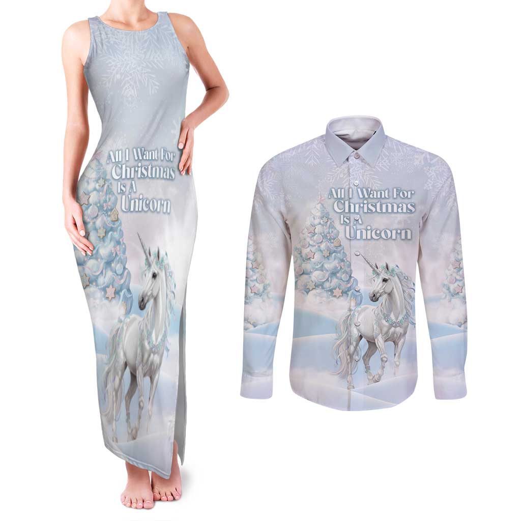 Magical Christmas Couples Matching Tank Maxi Dress and Long Sleeve Button Shirt Unicorn With Cotton Candy Xmas Tree - Wonder Print Shop