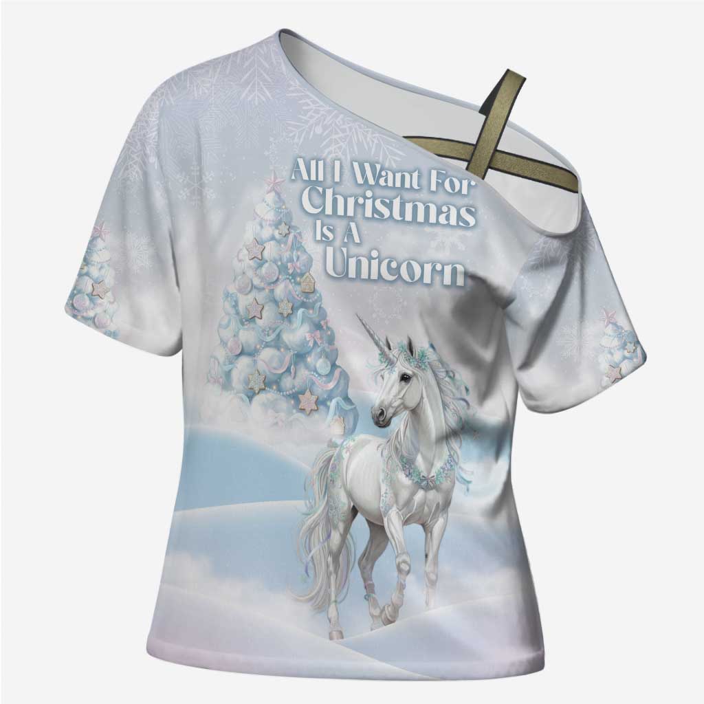 Magical Christmas Cross Shoulder Shirt Unicorn With Cotton Candy Xmas Tree - Wonder Print Shop