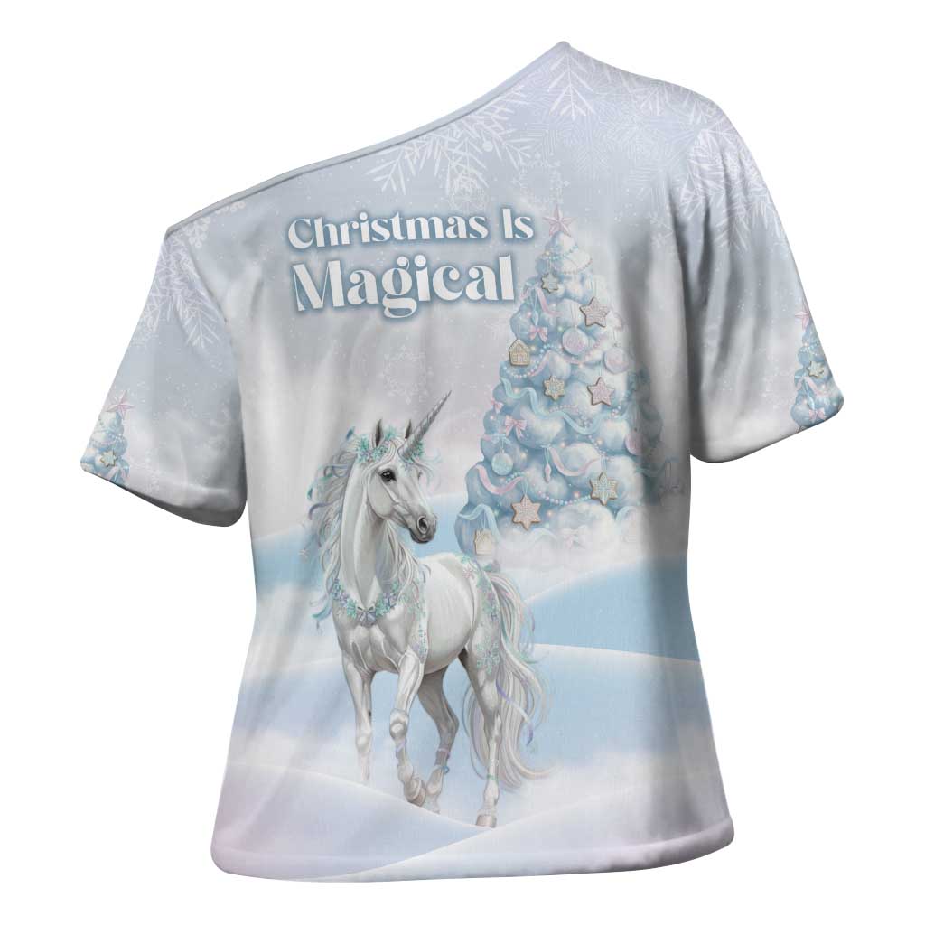 Magical Christmas Cross Shoulder Shirt Unicorn With Cotton Candy Xmas Tree - Wonder Print Shop