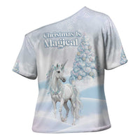 Magical Christmas Cross Shoulder Shirt Unicorn With Cotton Candy Xmas Tree - Wonder Print Shop