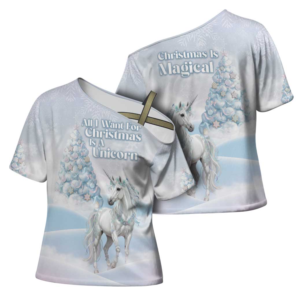 Magical Christmas Cross Shoulder Shirt Unicorn With Cotton Candy Xmas Tree - Wonder Print Shop
