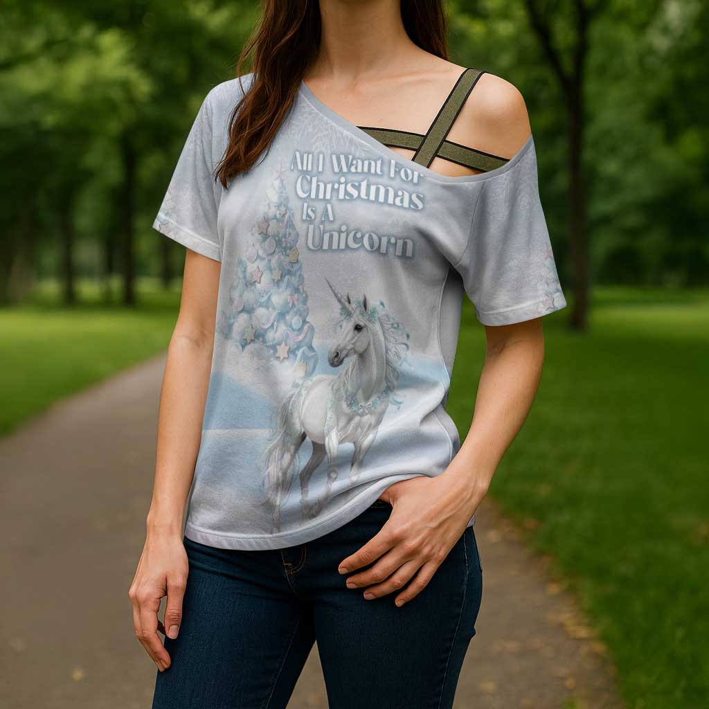 Magical Christmas Cross Shoulder Shirt Unicorn With Cotton Candy Xmas Tree - Wonder Print Shop
