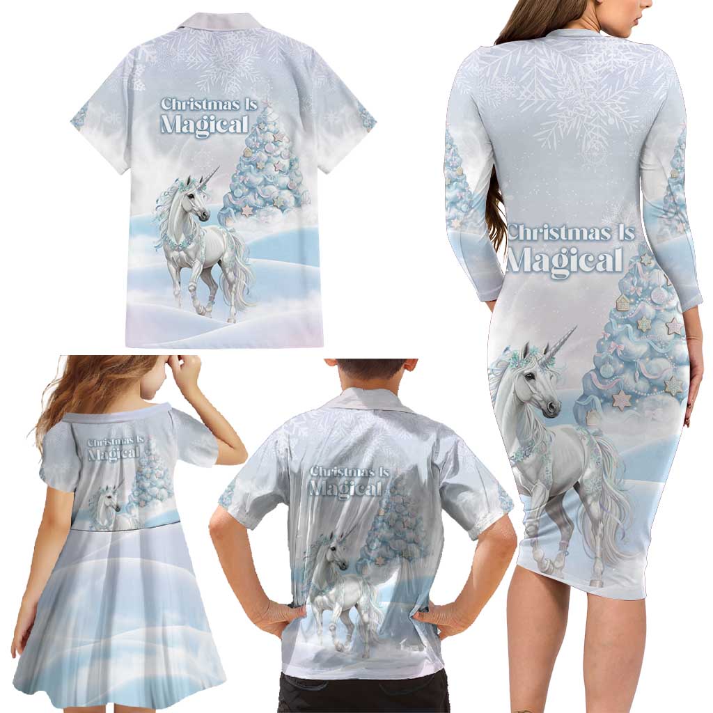 Magical Christmas Family Matching Long Sleeve Bodycon Dress and Hawaiian Shirt Unicorn With Cotton Candy Xmas Tree - Wonder Print Shop