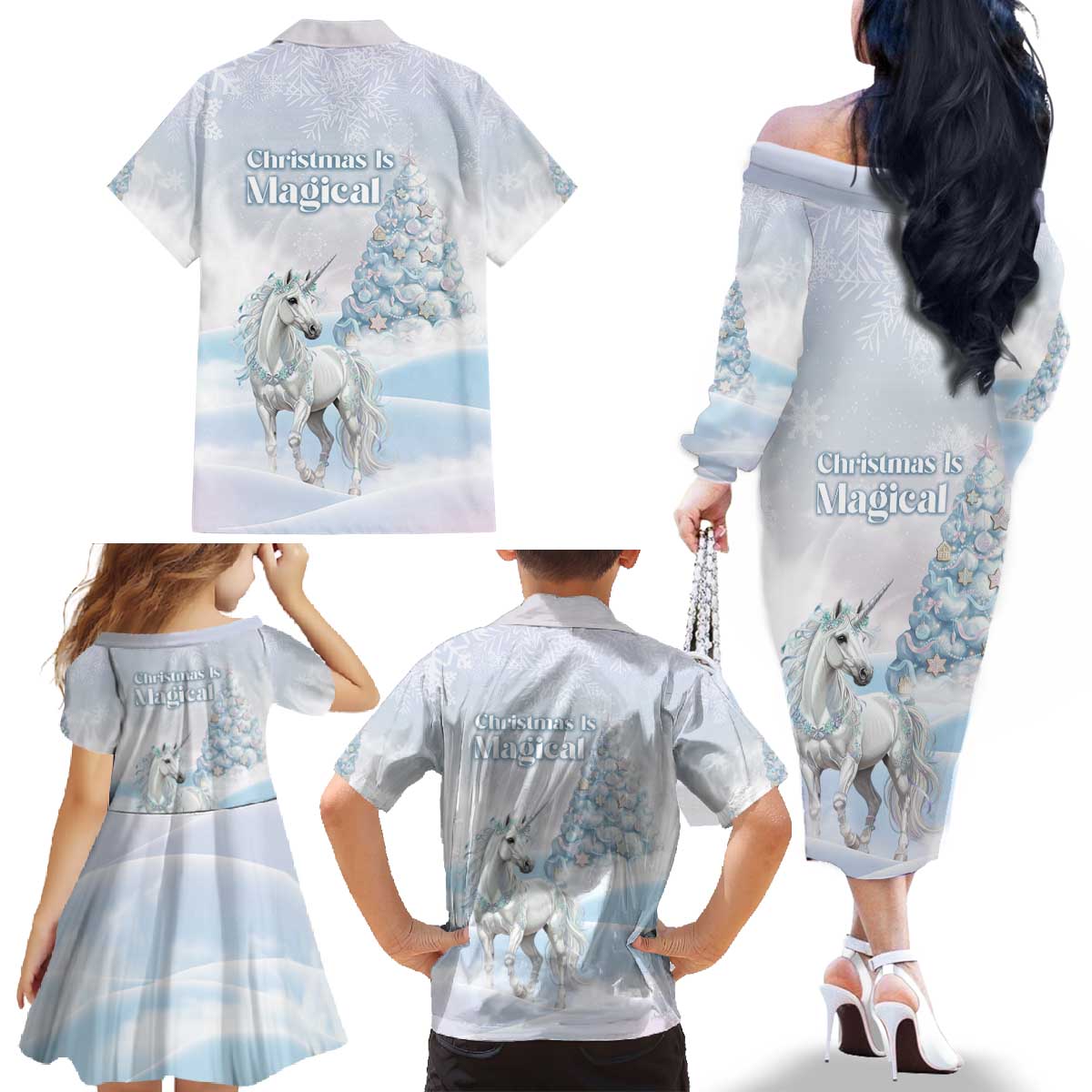 Magical Christmas Family Matching Off The Shoulder Long Sleeve Dress and Hawaiian Shirt Unicorn With Cotton Candy Xmas Tree - Wonder Print Shop