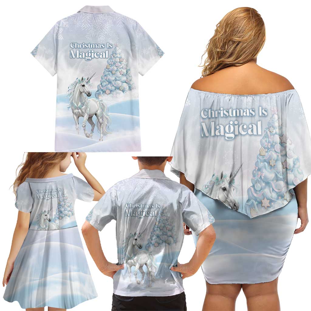 Magical Christmas Family Matching Off Shoulder Short Dress and Hawaiian Shirt Unicorn With Cotton Candy Xmas Tree - Wonder Print Shop