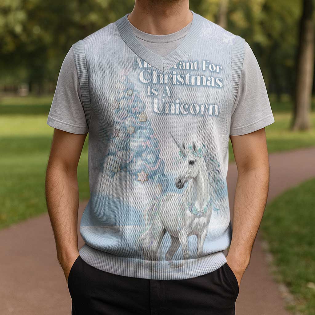 Magical Christmas Knitted V-Neck Vest Unicorn With Cotton Candy Xmas Tree - Wonder Print Shop