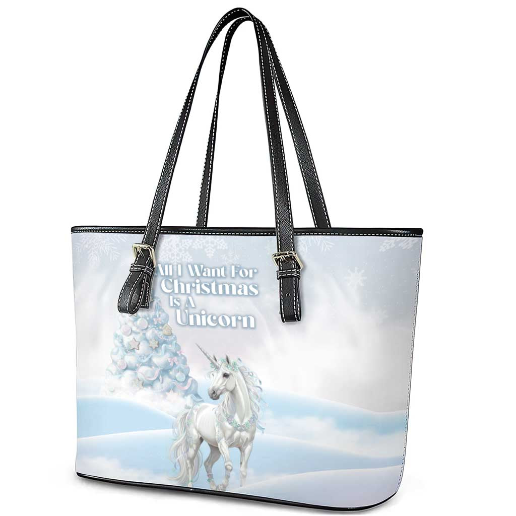 Magical Christmas Leather Tote Bag Unicorn With Cotton Candy Xmas Tree - Wonder Print Shop