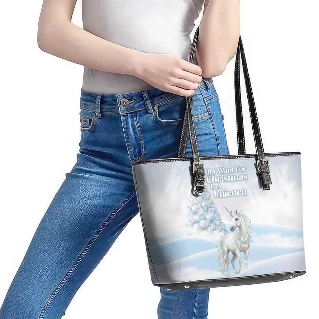 Magical Christmas Leather Tote Bag Unicorn With Cotton Candy Xmas Tree - Wonder Print Shop