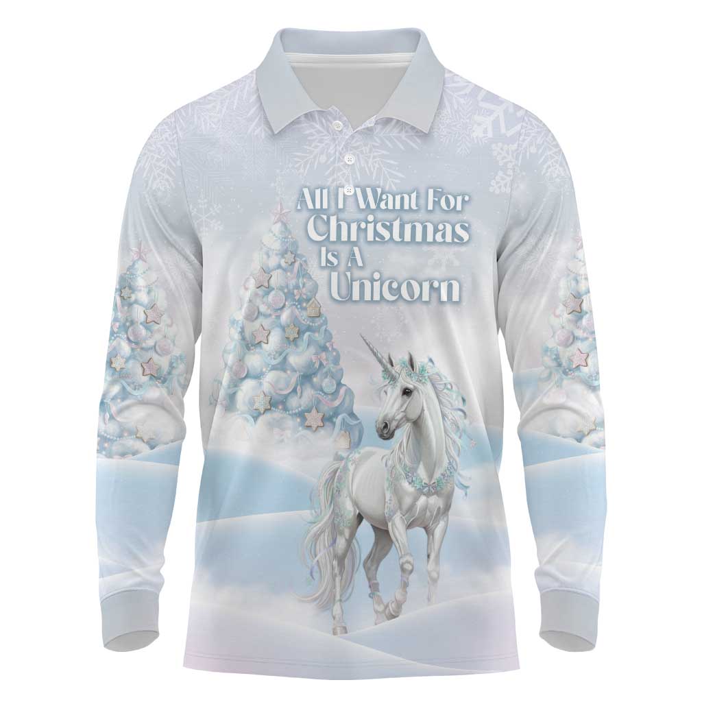 Magical Christmas Long Sleeve Polo Shirt Unicorn With Cotton Candy Xmas Tree - Wonder Print Shop