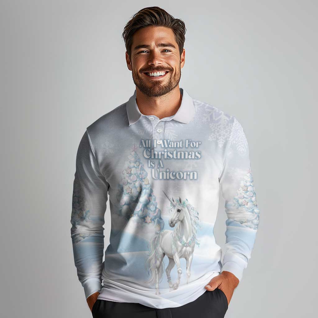 Magical Christmas Long Sleeve Polo Shirt Unicorn With Cotton Candy Xmas Tree - Wonder Print Shop