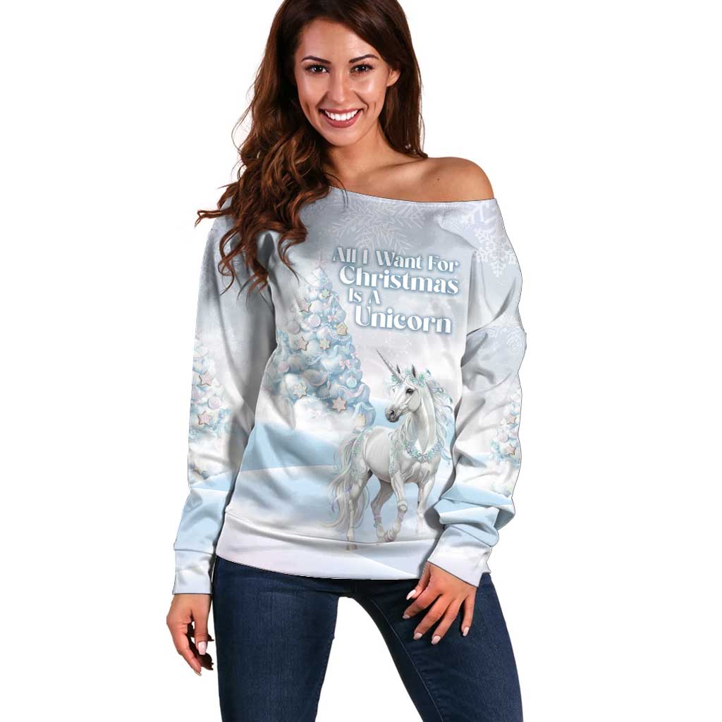 Magical Christmas Off Shoulder Sweater Unicorn With Cotton Candy Xmas Tree - Wonder Print Shop