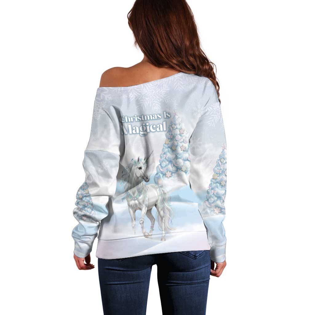 Magical Christmas Off Shoulder Sweater Unicorn With Cotton Candy Xmas Tree - Wonder Print Shop