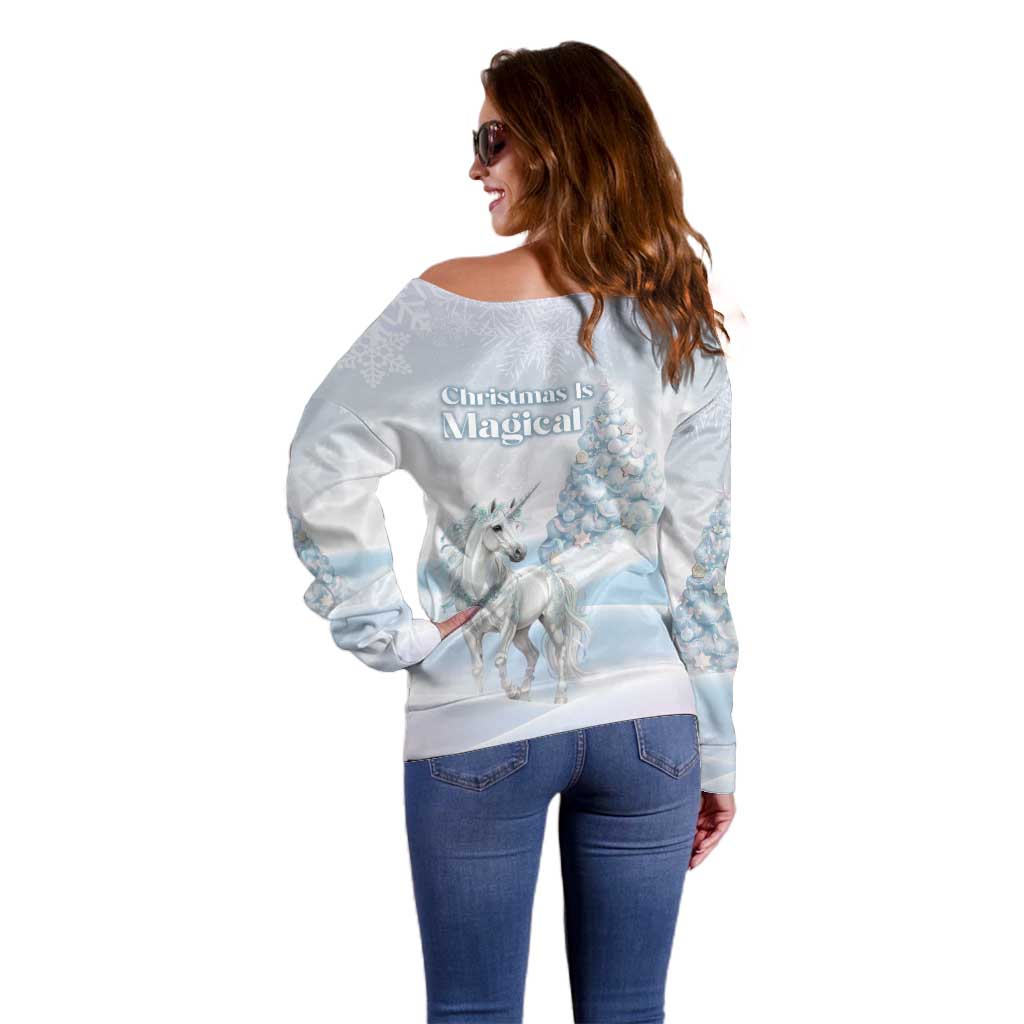 Magical Christmas Off Shoulder Sweater Unicorn With Cotton Candy Xmas Tree - Wonder Print Shop
