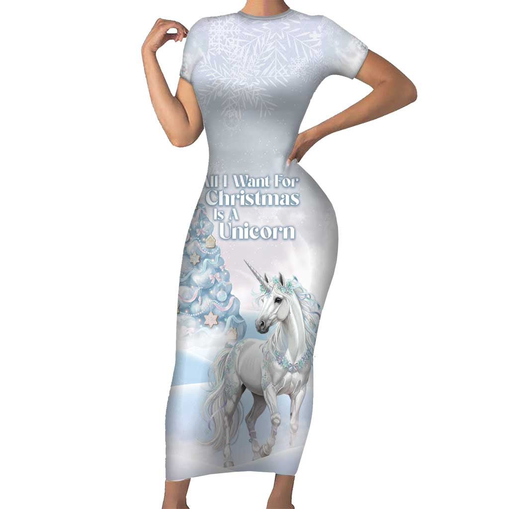Magical Christmas Short Sleeve Bodycon Dress Unicorn With Cotton Candy Xmas Tree - Wonder Print Shop