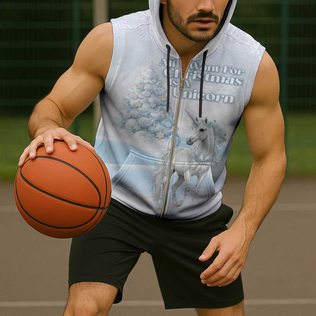 Magical Christmas Sleeveless Zip Hoodie Unicorn With Cotton Candy Xmas Tree - Wonder Print Shop