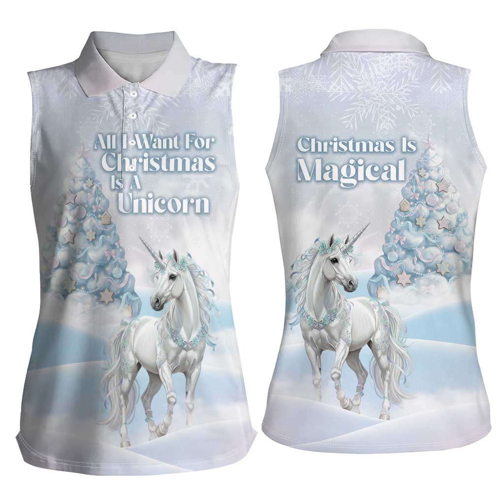 Magical Christmas Women Sleeveless Polo Shirt Unicorn With Cotton Candy Xmas Tree - Wonder Print Shop