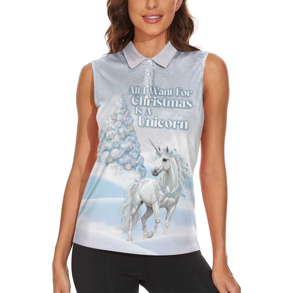 Magical Christmas Women Sleeveless Polo Shirt Unicorn With Cotton Candy Xmas Tree - Wonder Print Shop