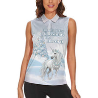 Magical Christmas Women Sleeveless Polo Shirt Unicorn With Cotton Candy Xmas Tree - Wonder Print Shop