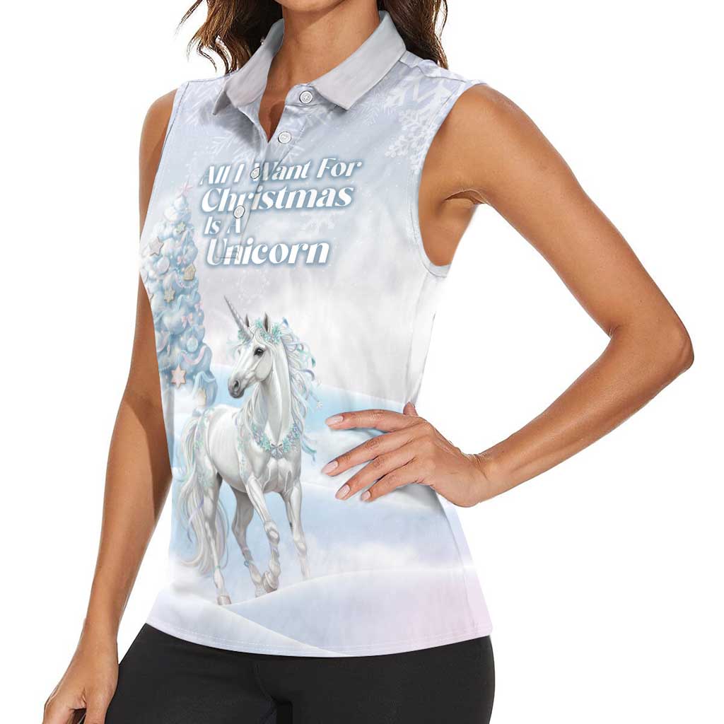 Magical Christmas Women Sleeveless Polo Shirt Unicorn With Cotton Candy Xmas Tree - Wonder Print Shop