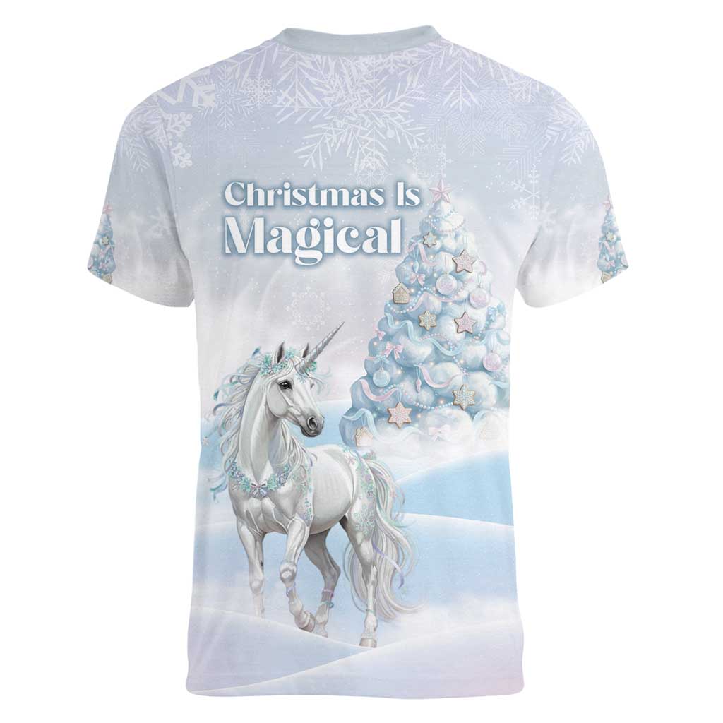 Magical Christmas Women V-Neck T-Shirt Unicorn With Cotton Candy Xmas Tree - Wonder Print Shop