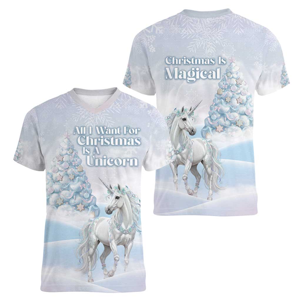 Magical Christmas Women V-Neck T-Shirt Unicorn With Cotton Candy Xmas Tree - Wonder Print Shop