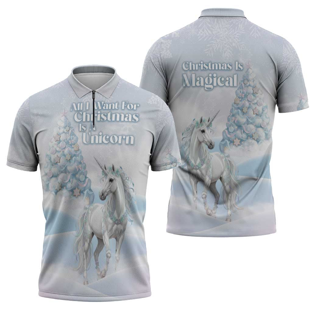 Magical Christmas Zipper Polo Shirt Unicorn With Cotton Candy Xmas Tree - Wonder Print Shop