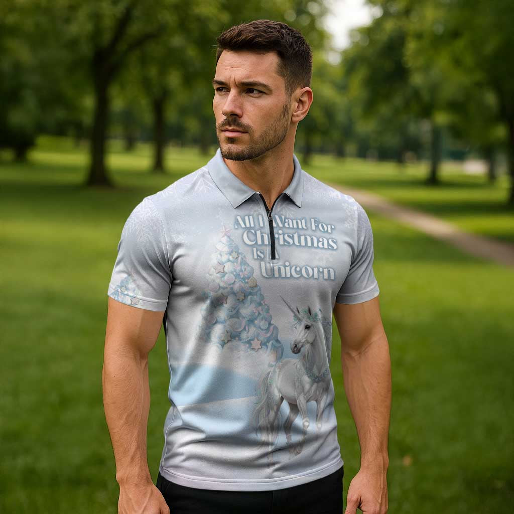 Magical Christmas Zipper Polo Shirt Unicorn With Cotton Candy Xmas Tree - Wonder Print Shop