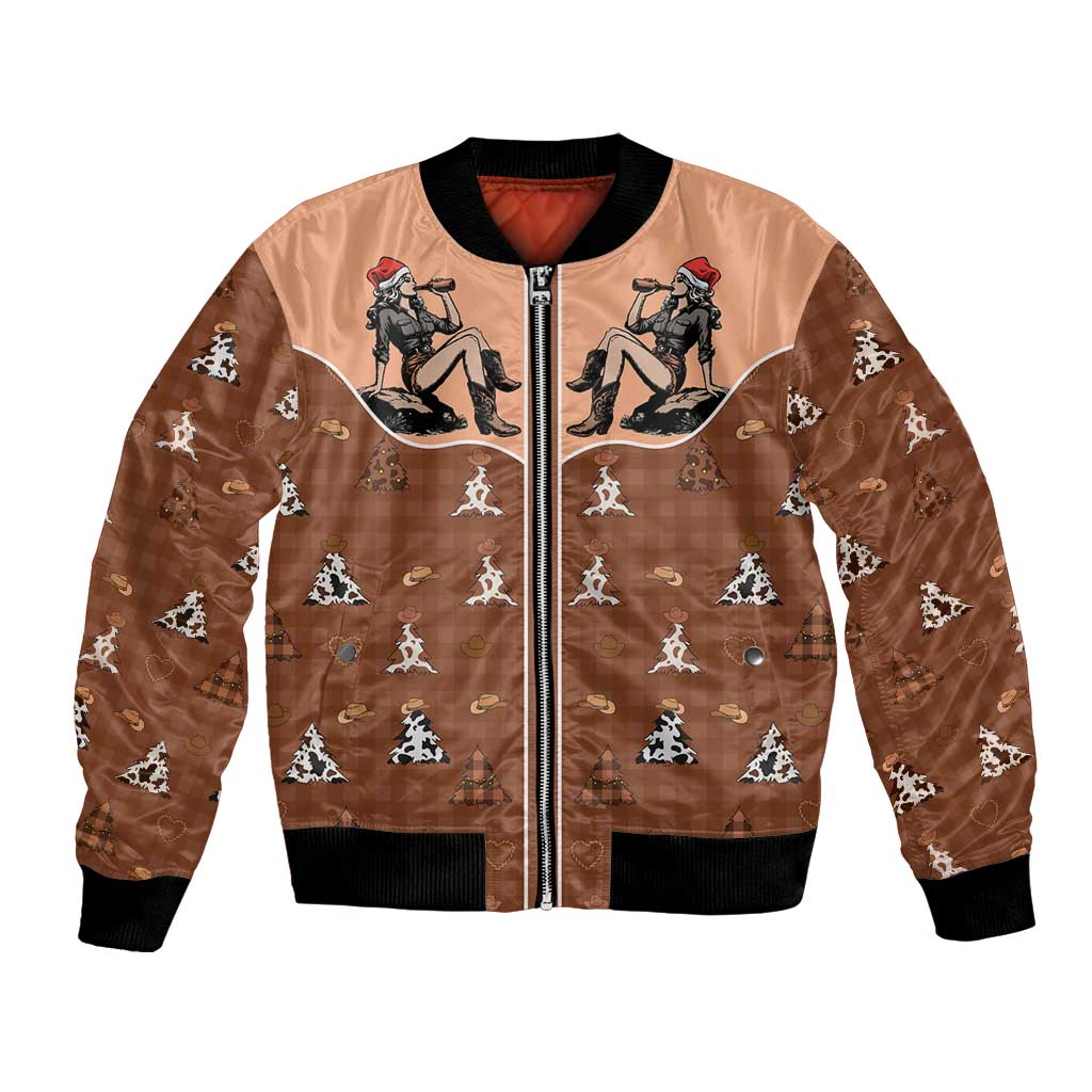 Western Yoke Bomber Jacket Cowgirl Drinking Wine Christmas - Wonder Print Shop