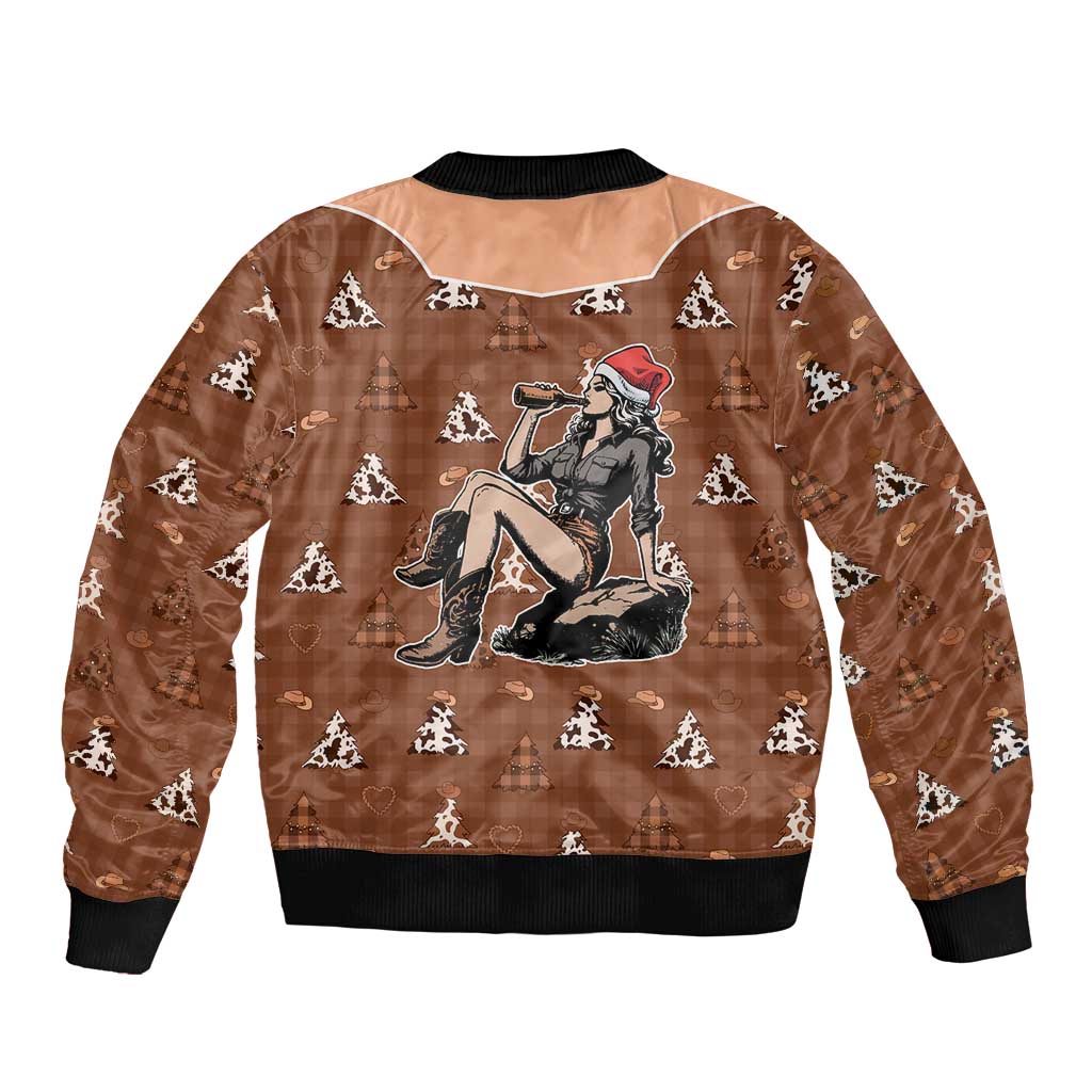 Western Yoke Bomber Jacket Cowgirl Drinking Wine Christmas - Wonder Print Shop