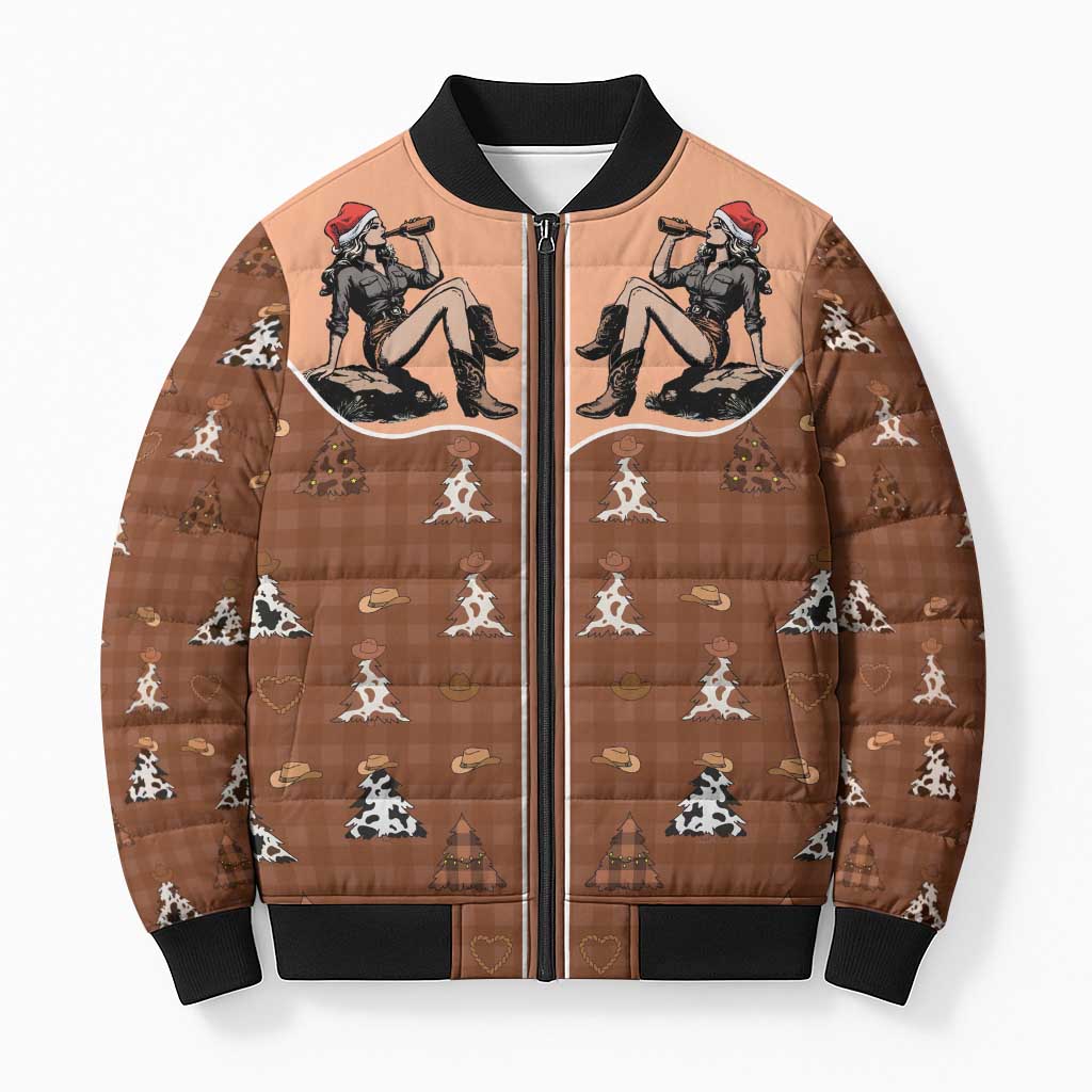 Western Yoke Bomber Puffer Jacket Cowgirl Drinking Wine Christmas - Wonder Print Shop