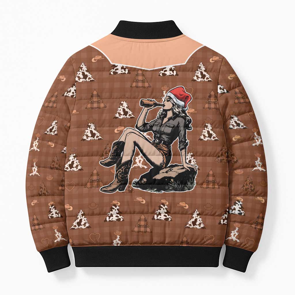 Western Yoke Bomber Puffer Jacket Cowgirl Drinking Wine Christmas - Wonder Print Shop