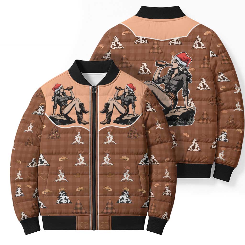 Western Yoke Bomber Puffer Jacket Cowgirl Drinking Wine Christmas - Wonder Print Shop